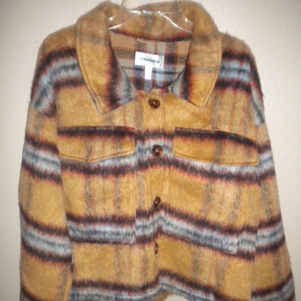Vigoss Women's Size Large Blushed Plaid Tan Crop Jacket NWT - Picture 2 of 5